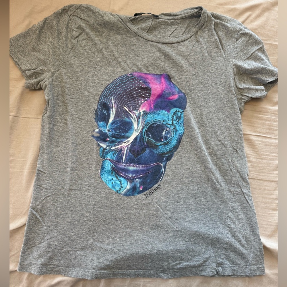 Alexander McQueen Gray T-Shirt with Blue and Purple Skull Design